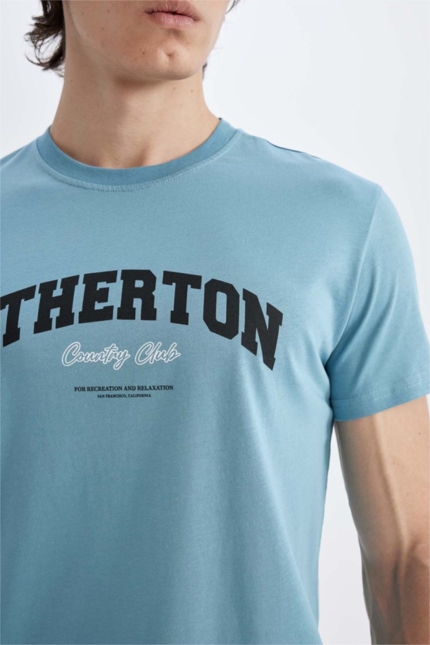 HOMME Bleu T-Shirt Slim Imprimé Manches Courtes Col Rond