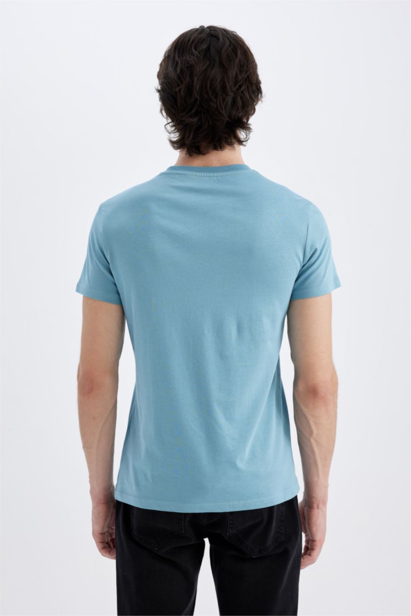 HOMME Bleu T-Shirt Slim Imprimé Manches Courtes Col Rond