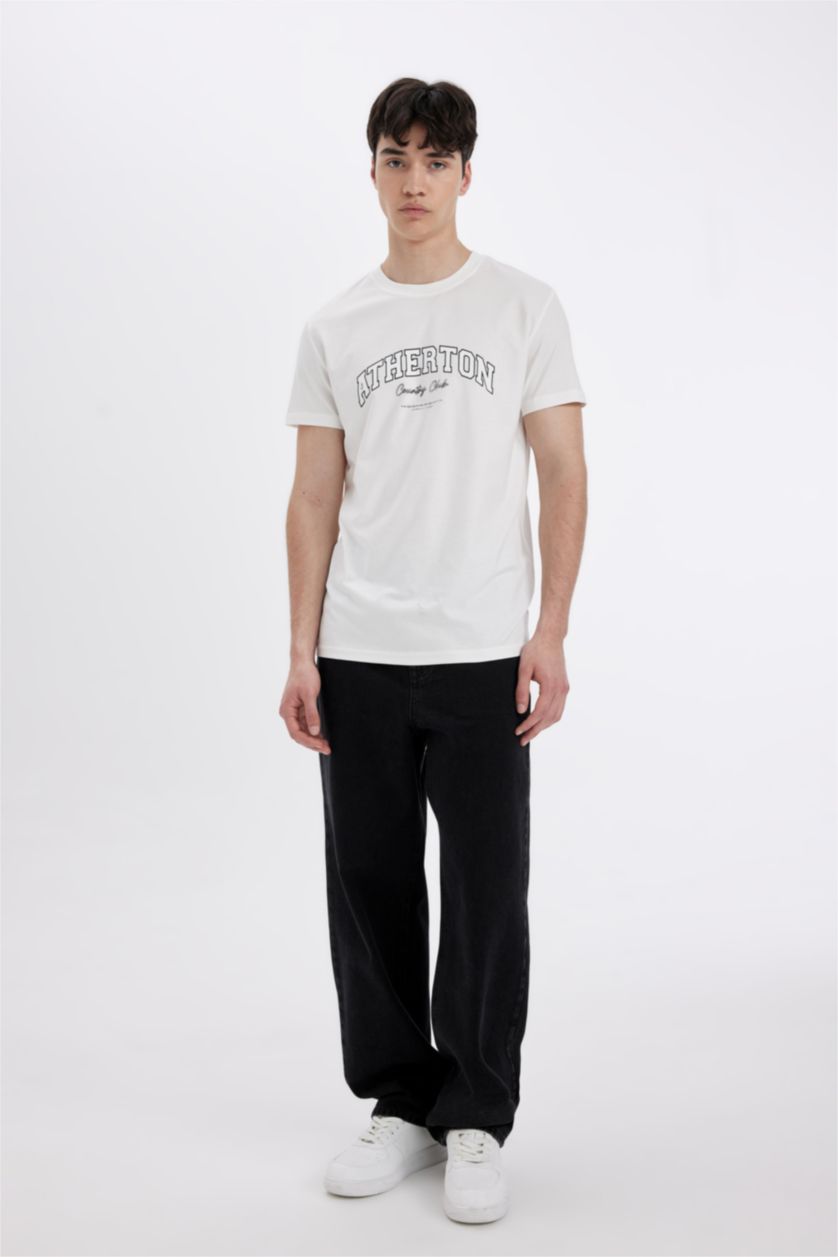 Erkek Ekru %100 Pamuk Slim Fit Dar Kesim Bisiklet Yaka Baskılı Kısa Kollu Tişört