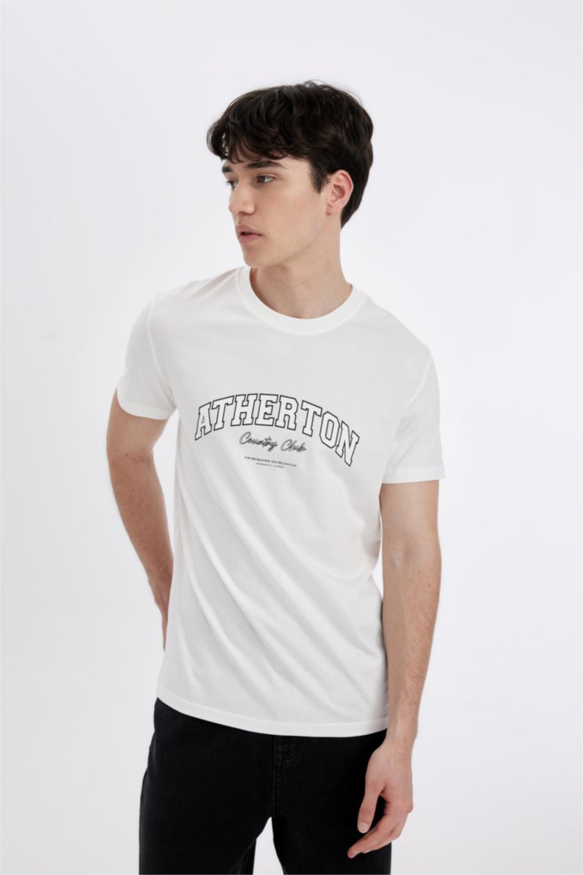 Erkek Ekru %100 Pamuk Slim Fit Dar Kesim Bisiklet Yaka Baskılı Kısa Kollu Tişört