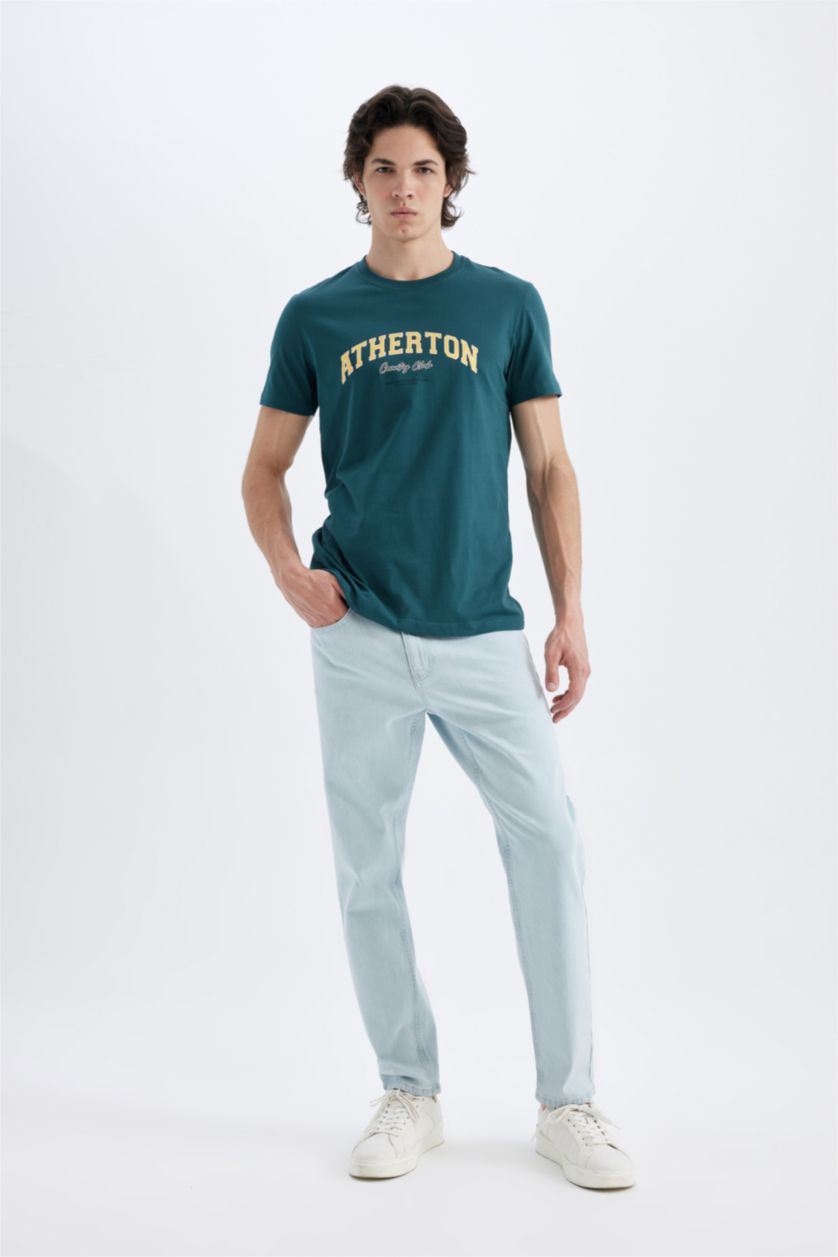 Erkek Yeşil Slım Fıt Bisiklet Yaka Baskılı Kısa Kollu Tişört