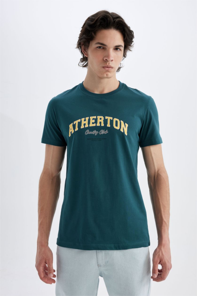 Erkek Yeşil Slım Fıt Bisiklet Yaka Baskılı Kısa Kollu Tişört