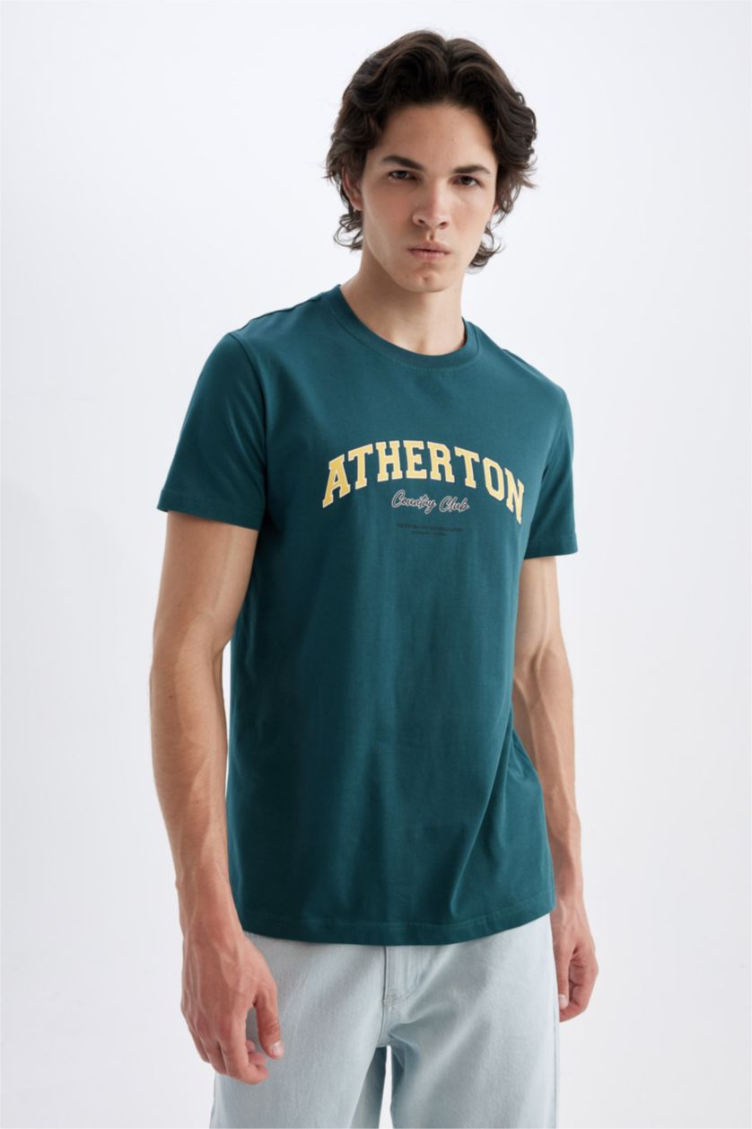 Erkek Yeşil Slım Fıt Bisiklet Yaka Baskılı Kısa Kollu Tişört