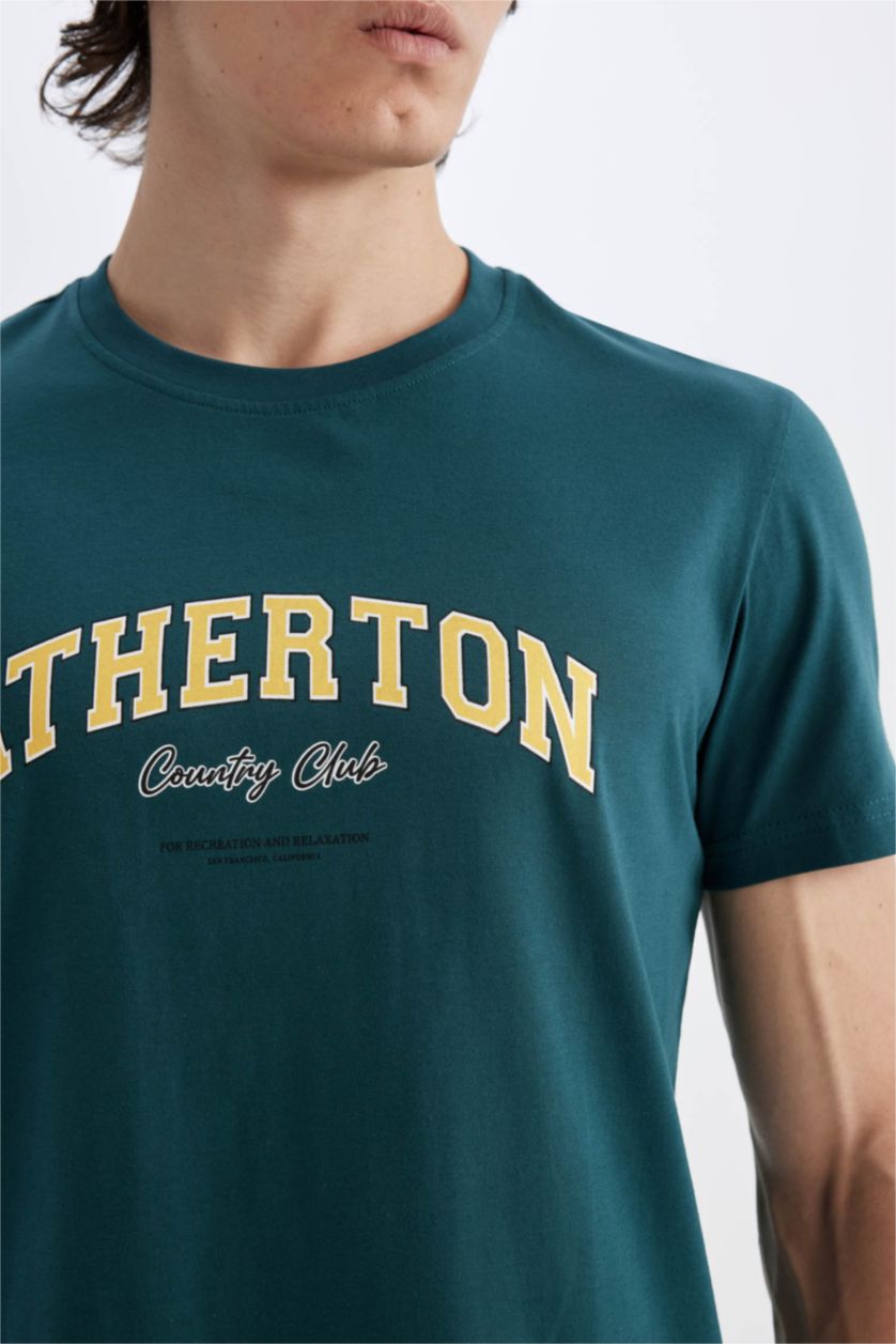 Erkek Yeşil Slım Fıt Bisiklet Yaka Baskılı Kısa Kollu Tişört