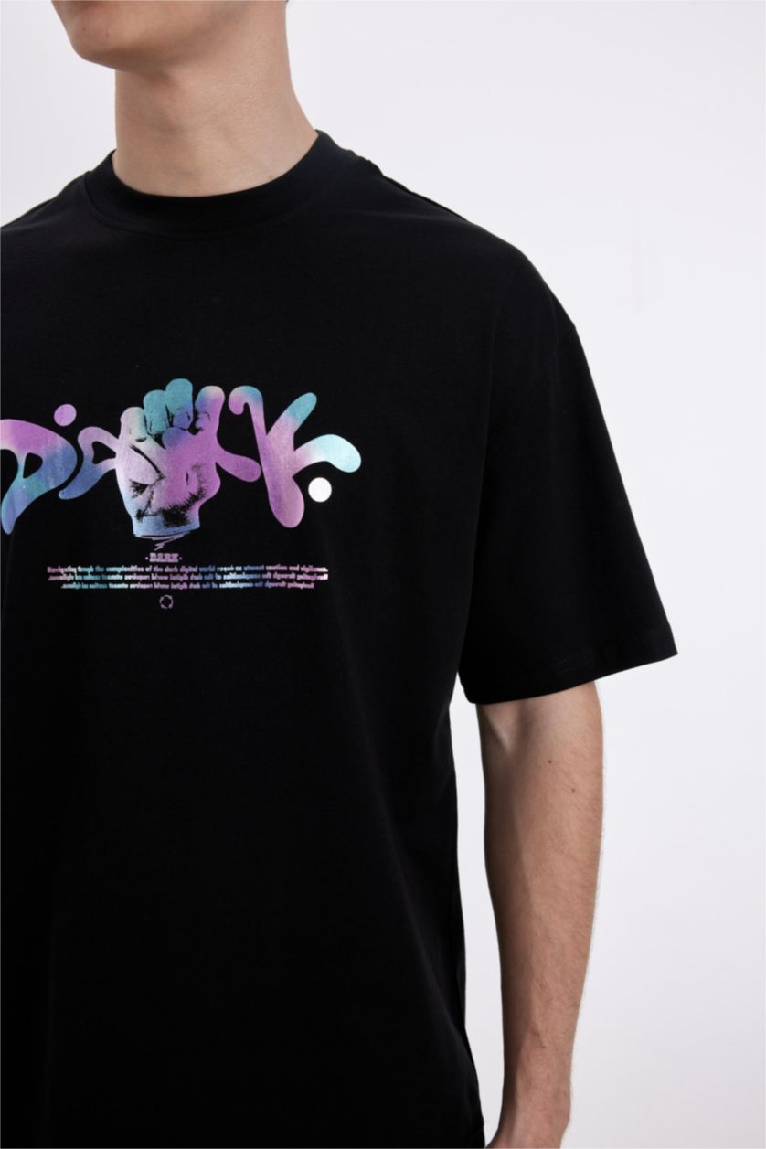 Man Black Comfort Regular Fit Crew Neck Back Printed T-Shirt