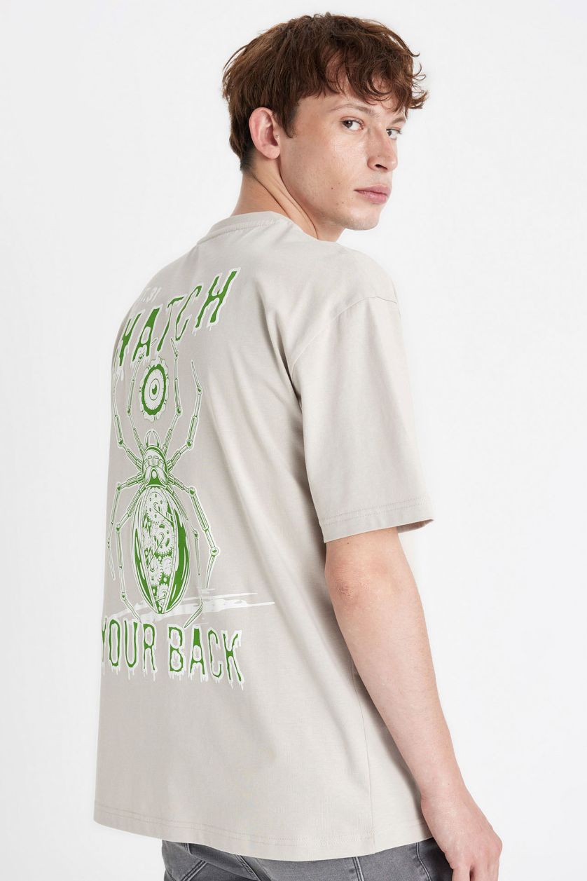 Erkek Taş Oversize Geniş Kalıp Bisiklet Yaka Sırt Baskılı Kısa Kollu Tişört