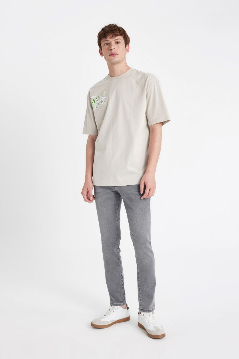 Erkek Taş Oversize Geniş Kalıp Bisiklet Yaka Sırt Baskılı Kısa Kollu Tişört