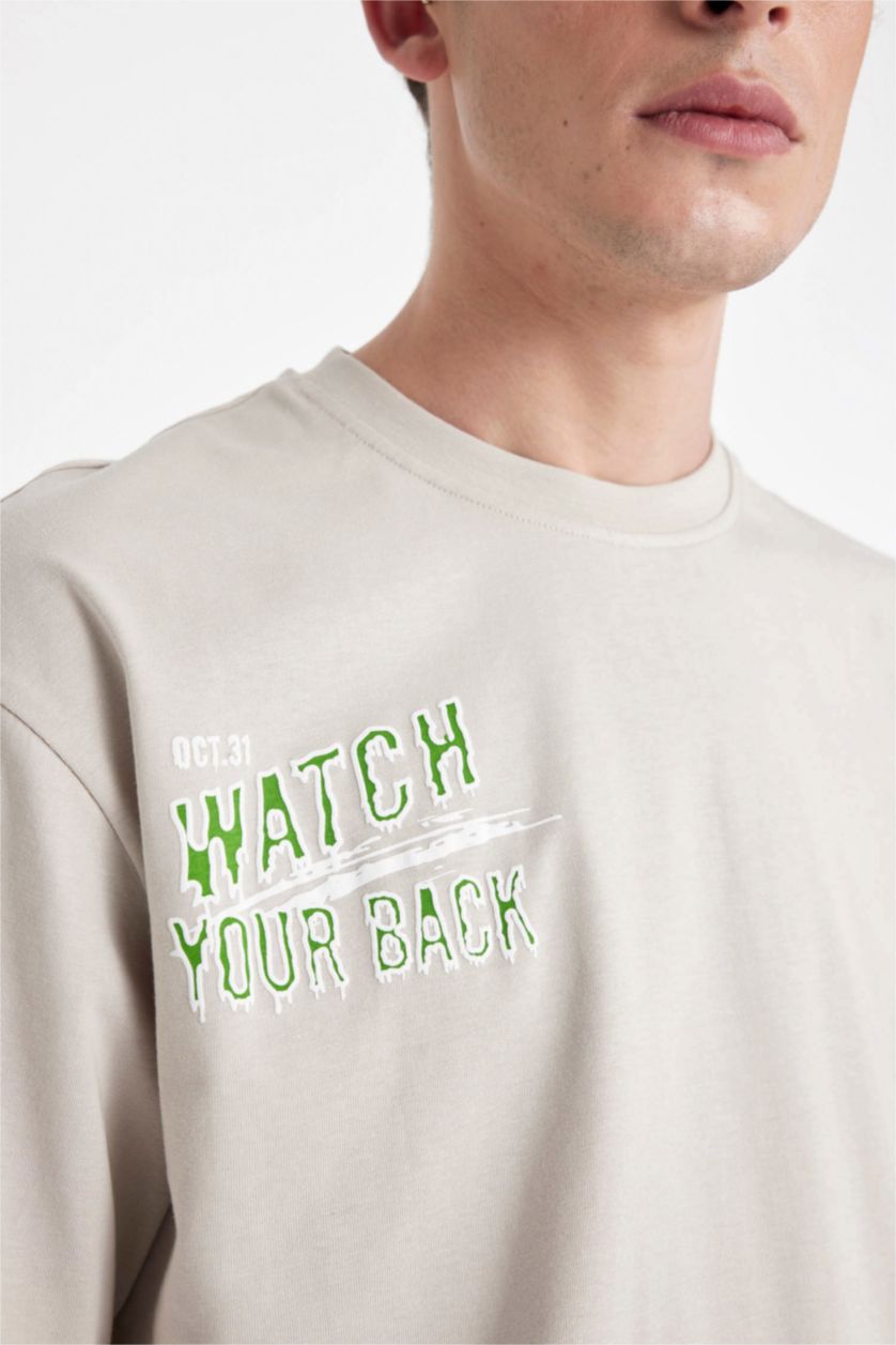 Erkek Taş Oversize Geniş Kalıp Bisiklet Yaka Sırt Baskılı Kısa Kollu Tişört