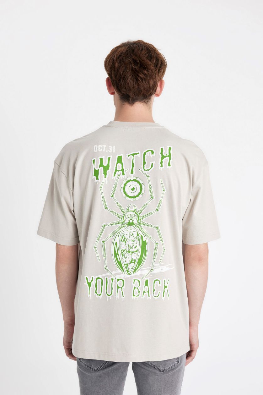 Erkek Taş Oversize Geniş Kalıp Bisiklet Yaka Sırt Baskılı Kısa Kollu Tişört