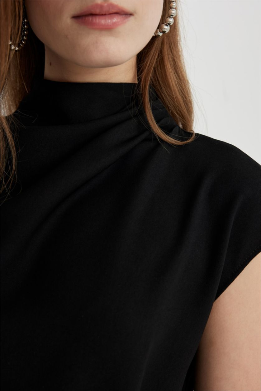 FEMME Noir Robe Midi Coupe Droite sans Manches en Crêpe