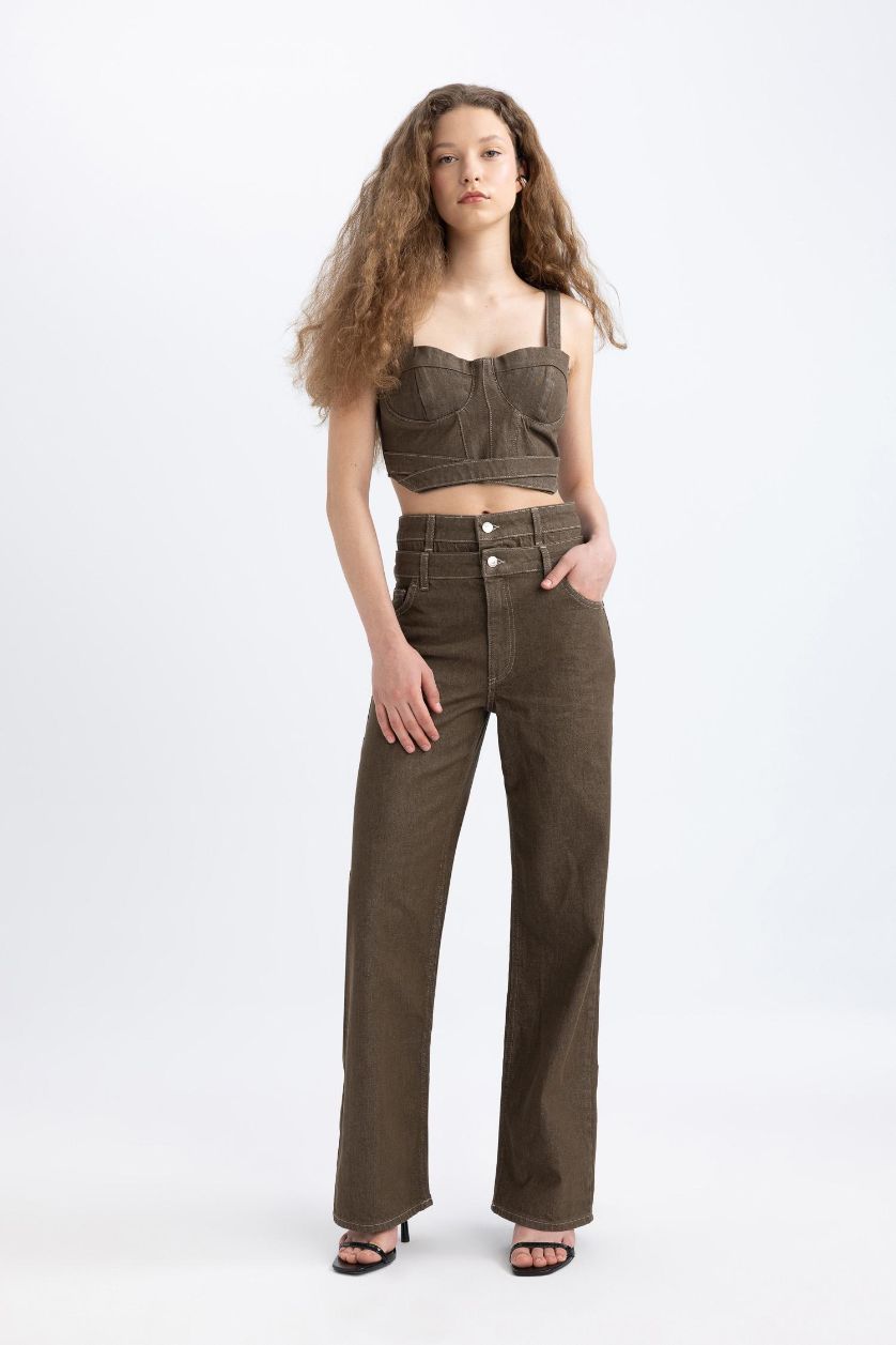 Kadın Haki Kalın Askılı Crop Korse Jean Bluz