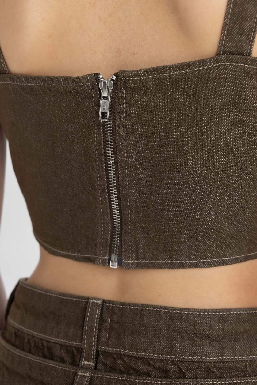 Kadın Haki Kalın Askılı Crop Korse Jean Bluz