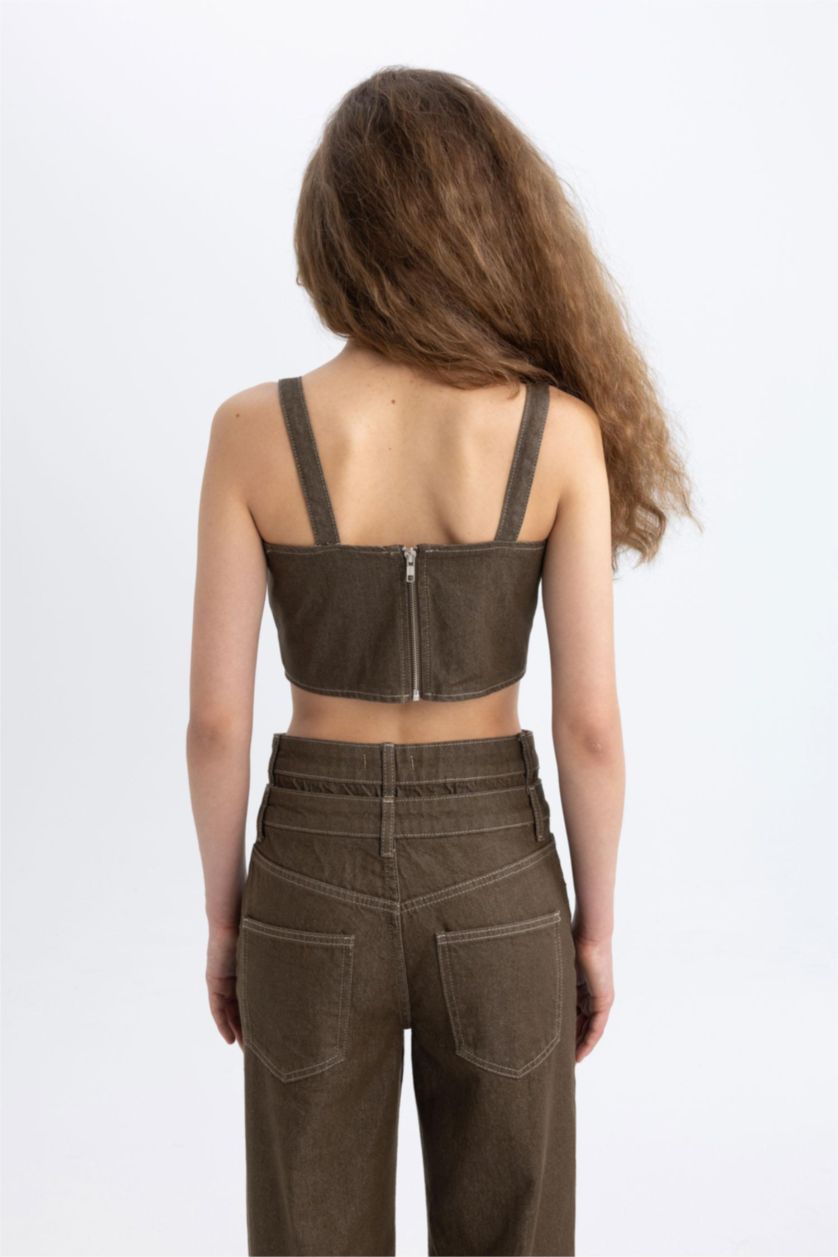 Kadın Haki Kalın Askılı Crop Korse Jean Bluz