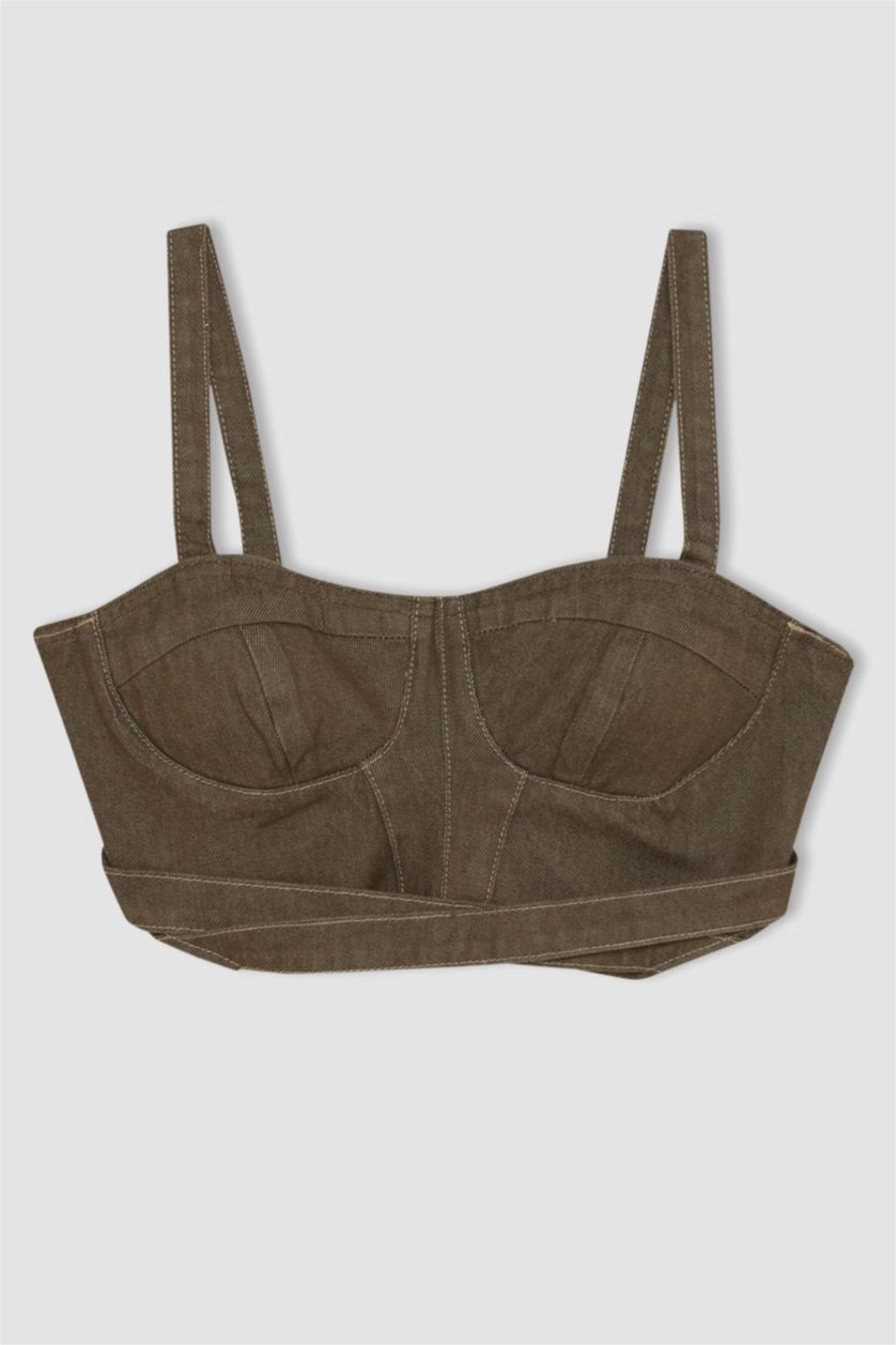 Kadın Haki Kalın Askılı Crop Korse Jean Bluz