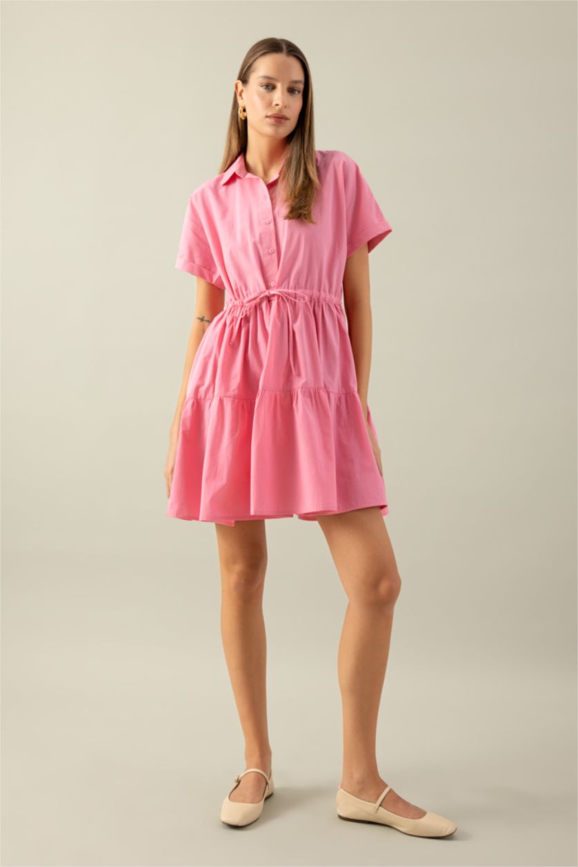 Kadın Pembe Gömlek Yaka Beli Büzgülü Poplin Kısa Kollu Mini Pembe Elbise