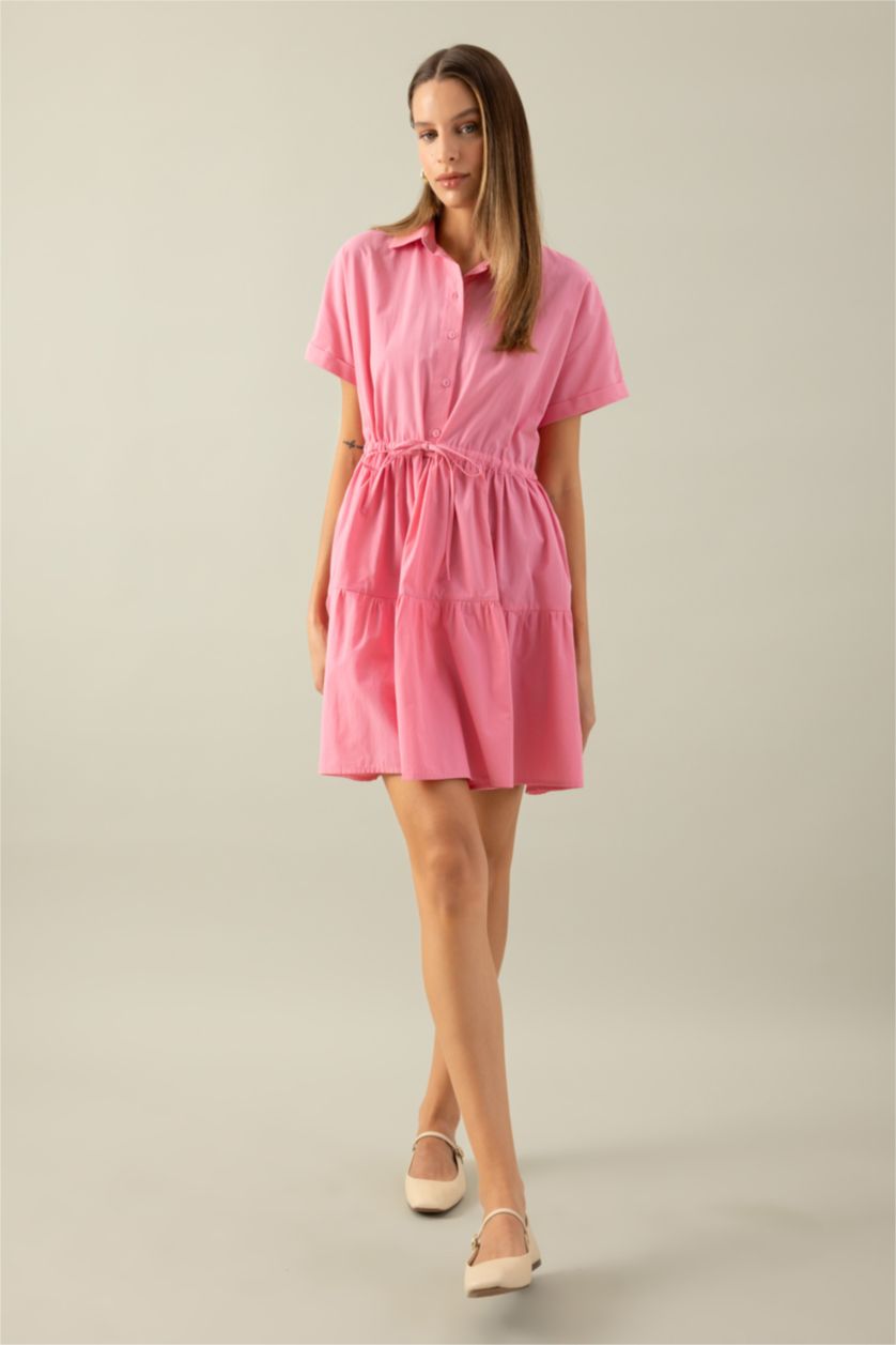 Kadın Pembe Gömlek Yaka Beli Büzgülü Poplin Kısa Kollu Mini Pembe Elbise