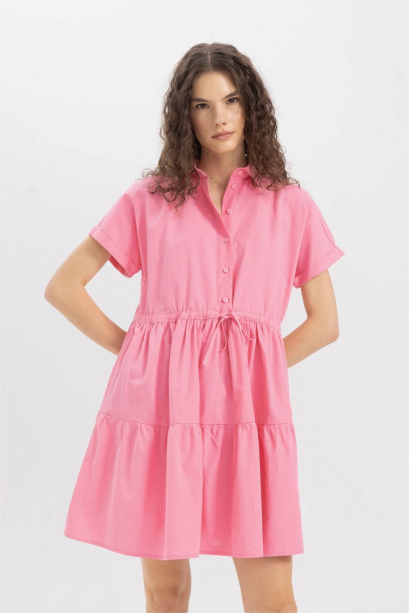 Kadın Pembe Gömlek Yaka Beli Büzgülü Poplin Kısa Kollu Mini Pembe Elbise