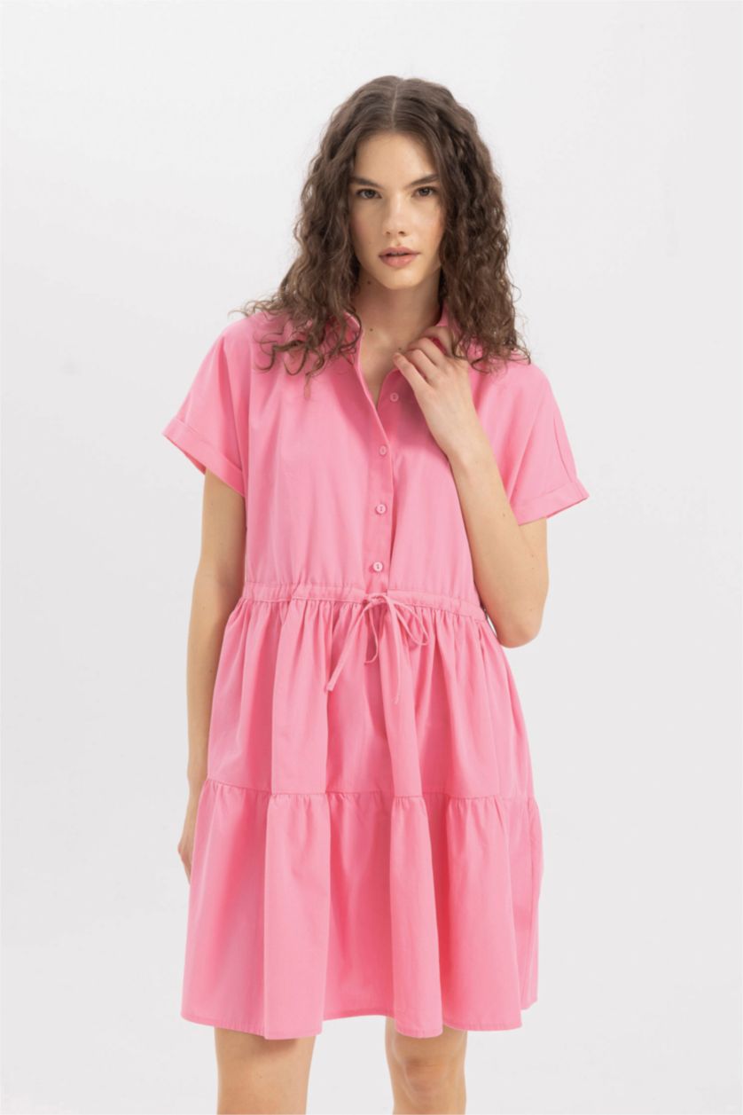 Kadın Pembe Gömlek Yaka Beli Büzgülü Poplin Kısa Kollu Mini Pembe Elbise