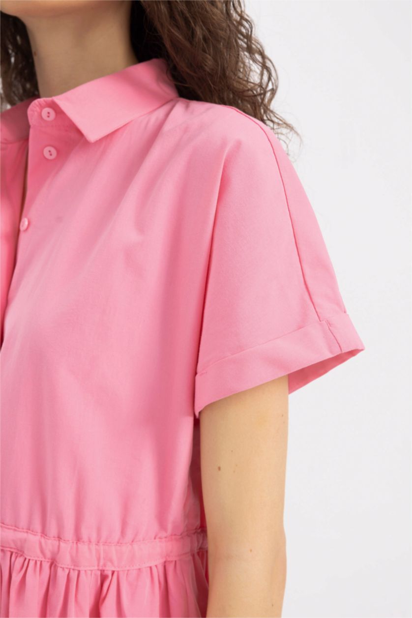 Kadın Pembe Gömlek Yaka Beli Büzgülü Poplin Kısa Kollu Mini Pembe Elbise