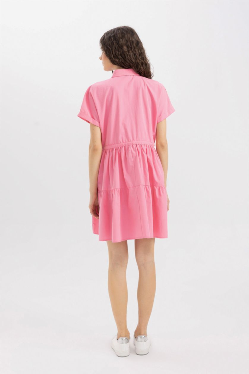 Kadın Pembe Gömlek Yaka Beli Büzgülü Poplin Kısa Kollu Mini Pembe Elbise