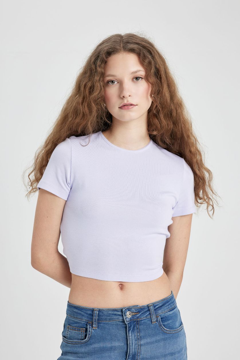 نساء أرجواني فاتح تيشيرت نص كم مضلع سليم فيت