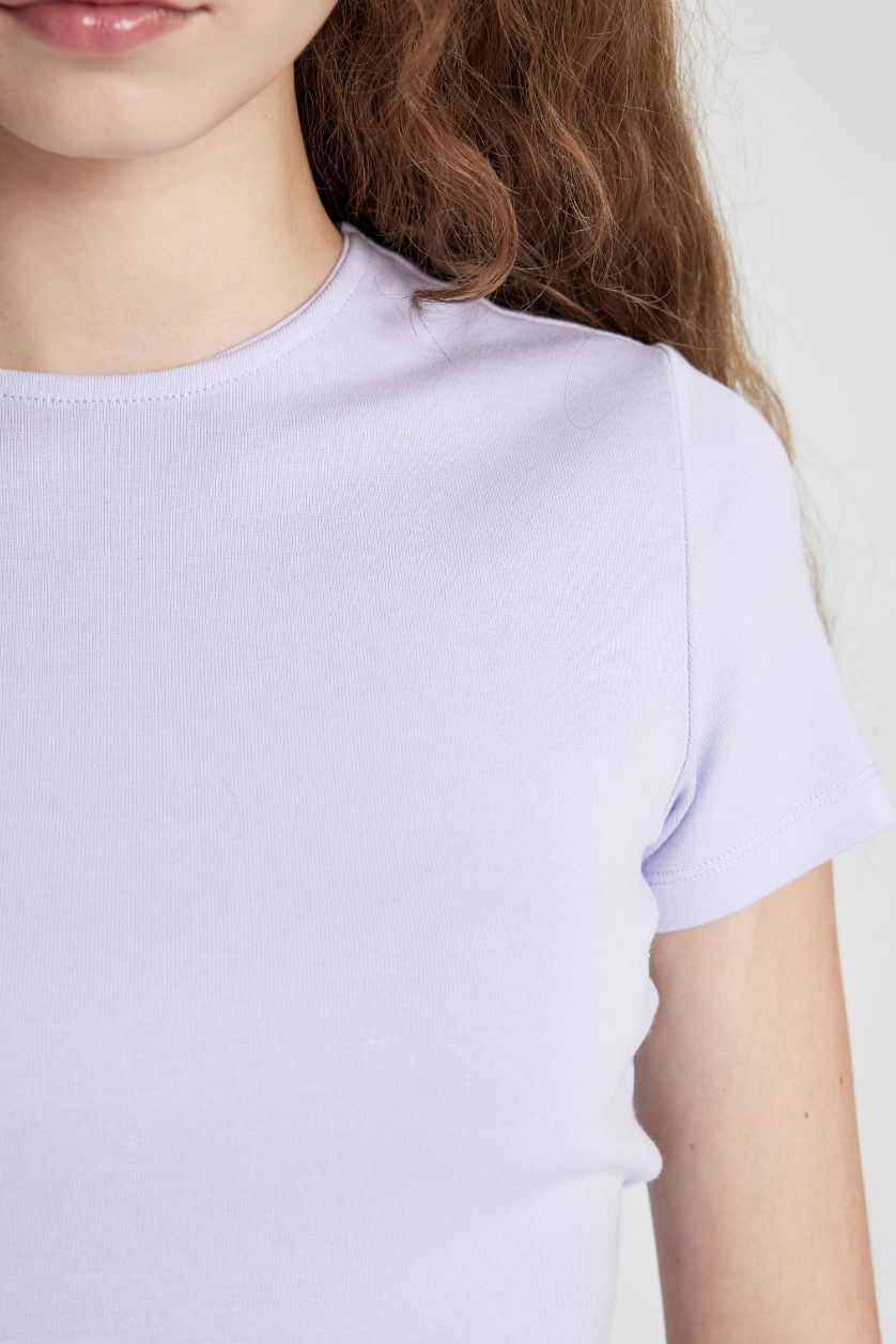 نساء أرجواني فاتح تيشيرت نص كم مضلع سليم فيت