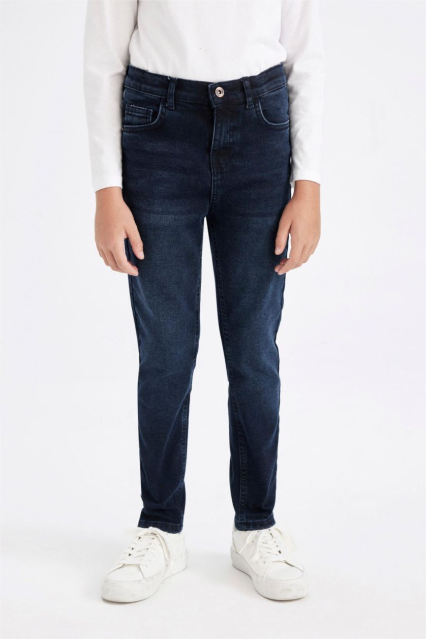 Erkek Çocuk - Genç Erkek Mavi Siyah Erkek Çocuk Slim Fit Dar Kesim Düz Paça Cepli Jean Pantolon