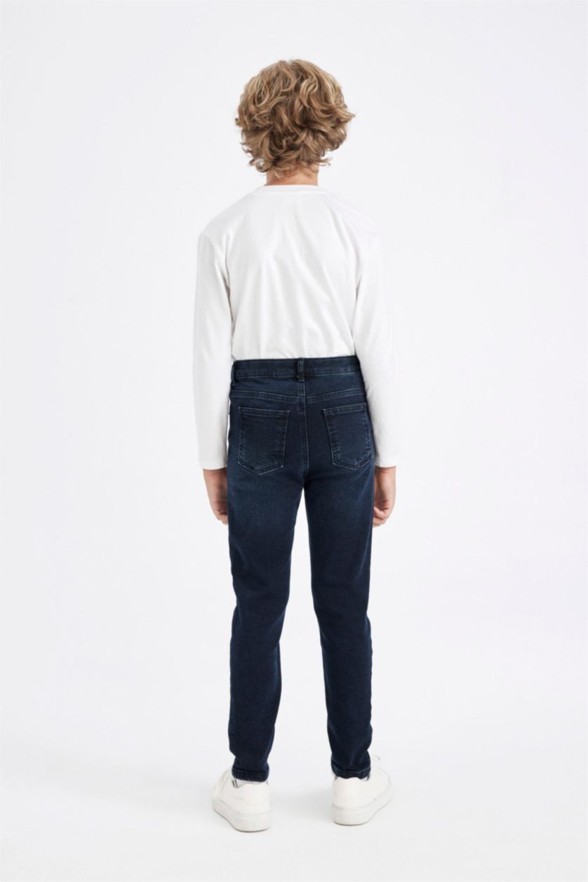 Erkek Çocuk - Genç Erkek Mavi Siyah Erkek Çocuk Slim Fit Dar Kesim Düz Paça Cepli Jean Pantolon