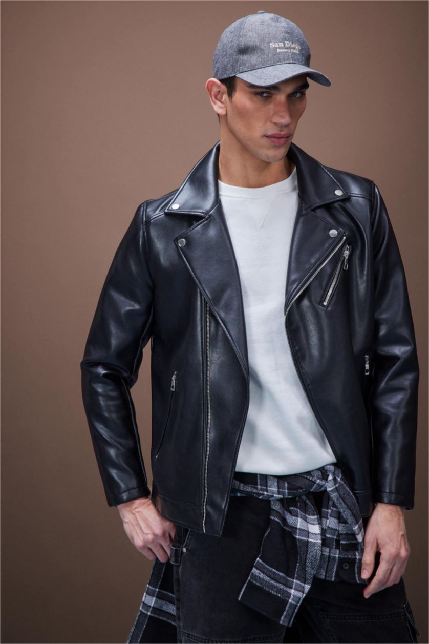 رجال أسود Zipper Faux Leather Jacket
