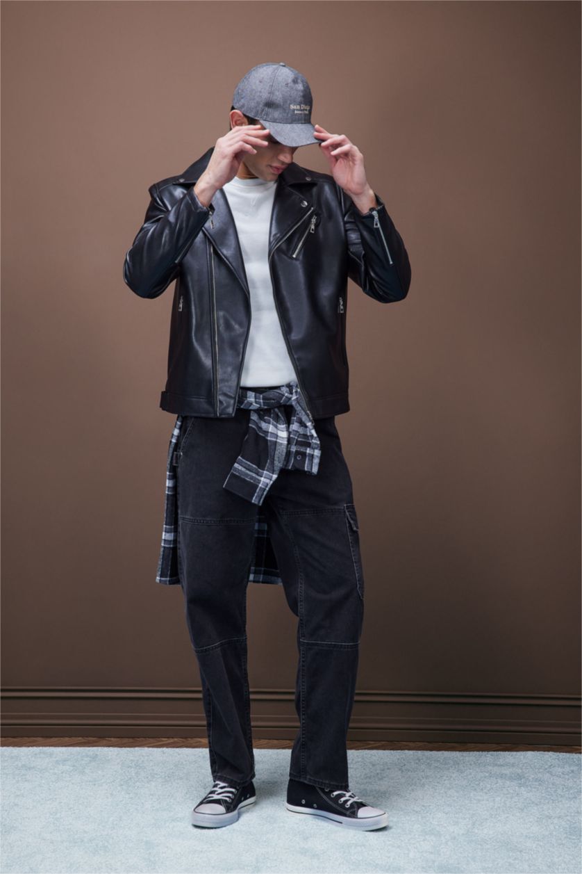 رجال أسود Zipper Faux Leather Jacket