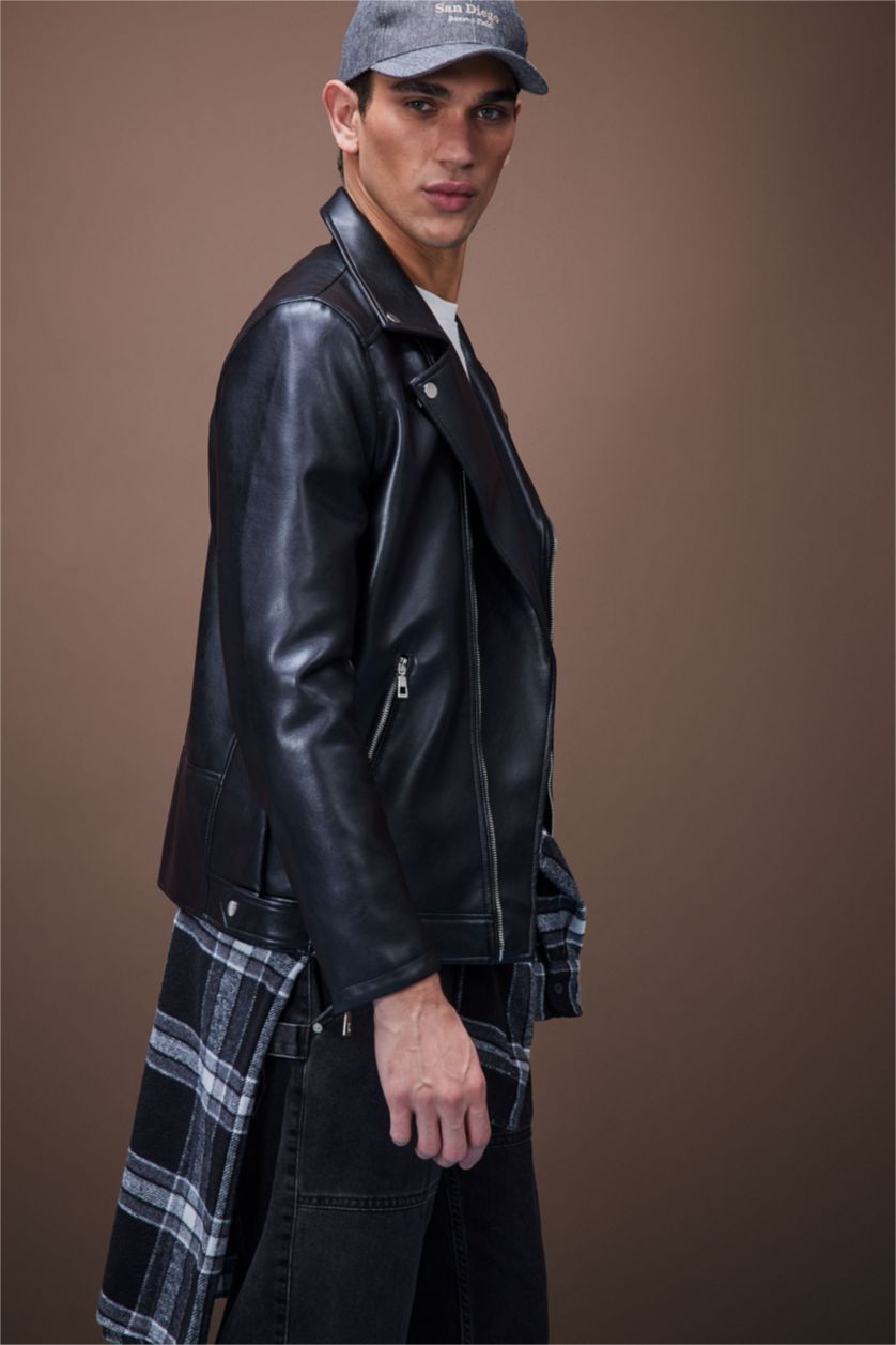 رجال أسود Zipper Faux Leather Jacket