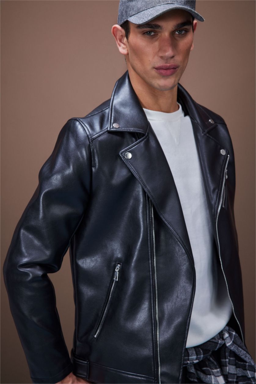 رجال أسود Zipper Faux Leather Jacket