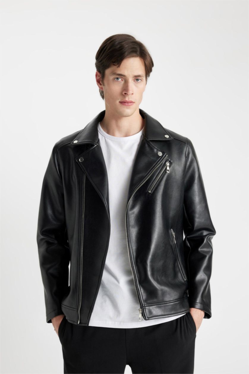 رجال أسود Zipper Faux Leather Jacket