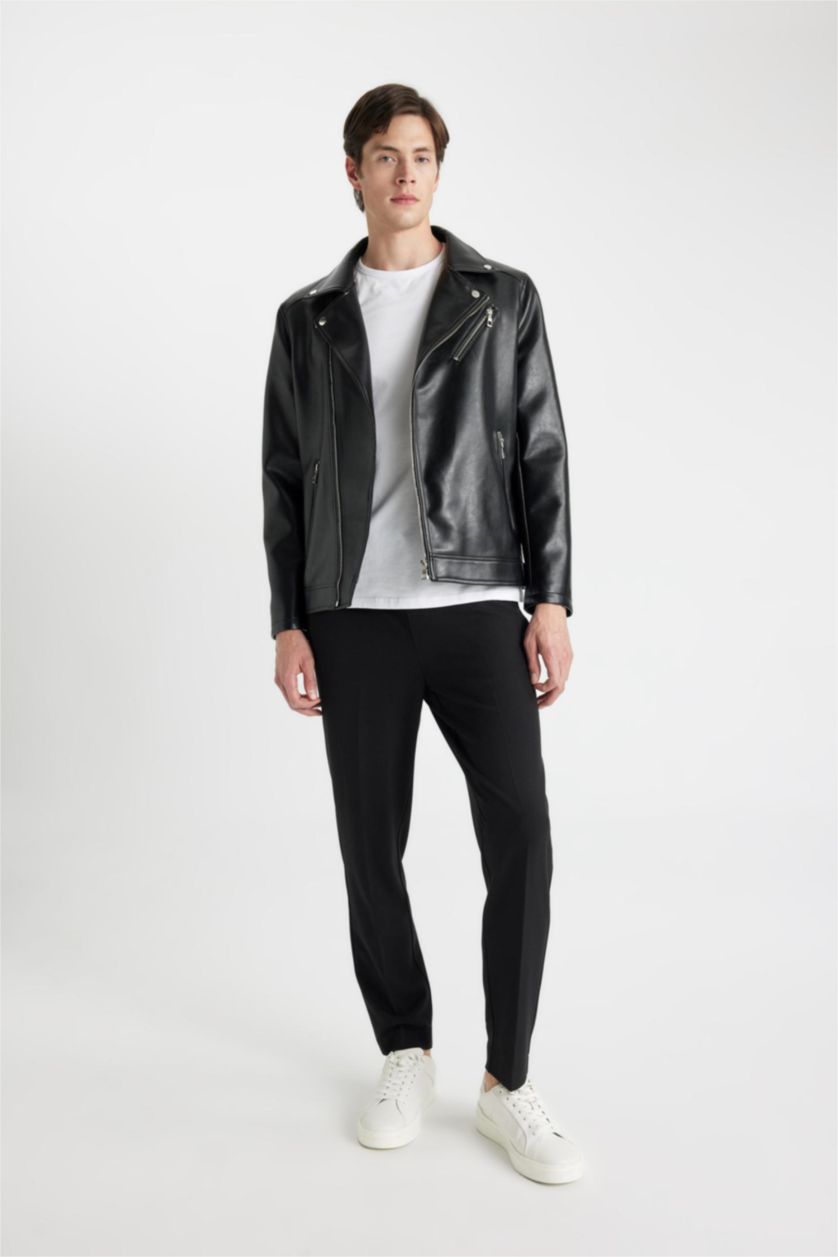 رجال أسود Zipper Faux Leather Jacket