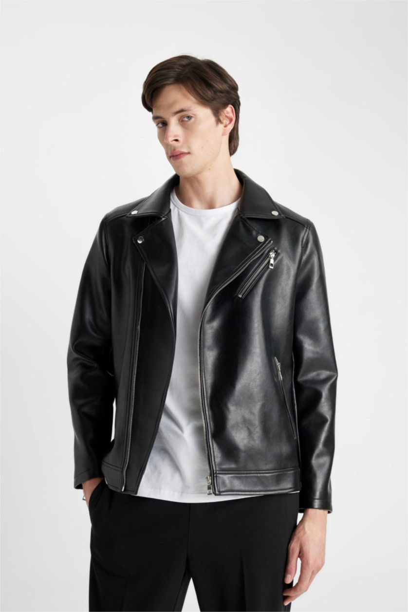 رجال أسود Zipper Faux Leather Jacket