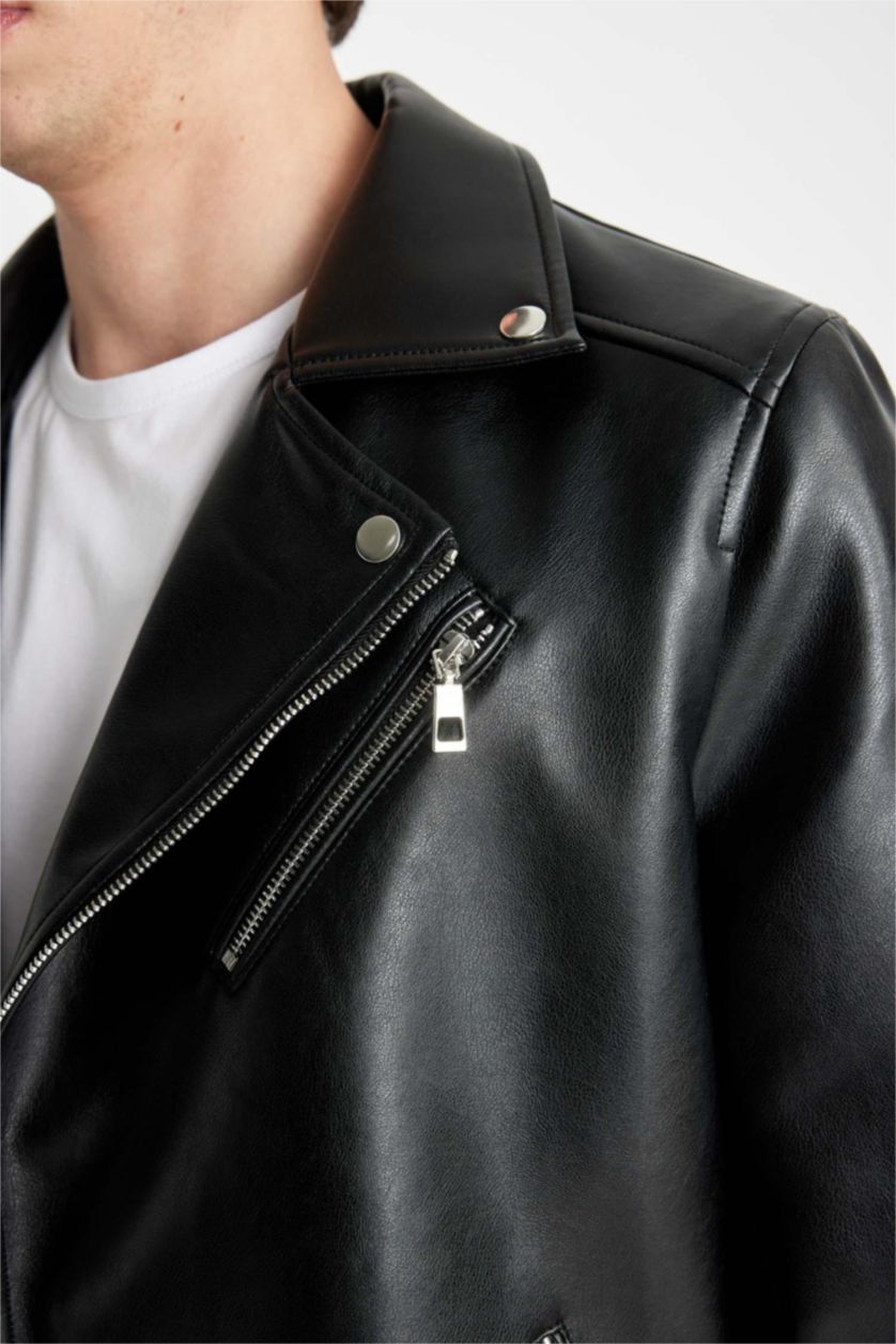 رجال أسود Zipper Faux Leather Jacket