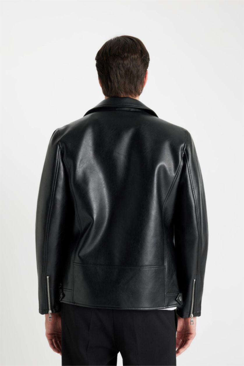 رجال أسود Zipper Faux Leather Jacket