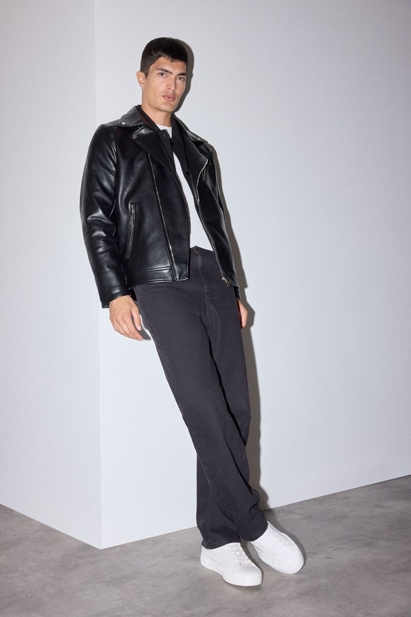 Erkek Siyah Su Ve Rüzgar İtici Slim Fit Dar Kesim Mevsimlik Astarlı Fermuarlı İç Cepli Suni Deri Biker Mont