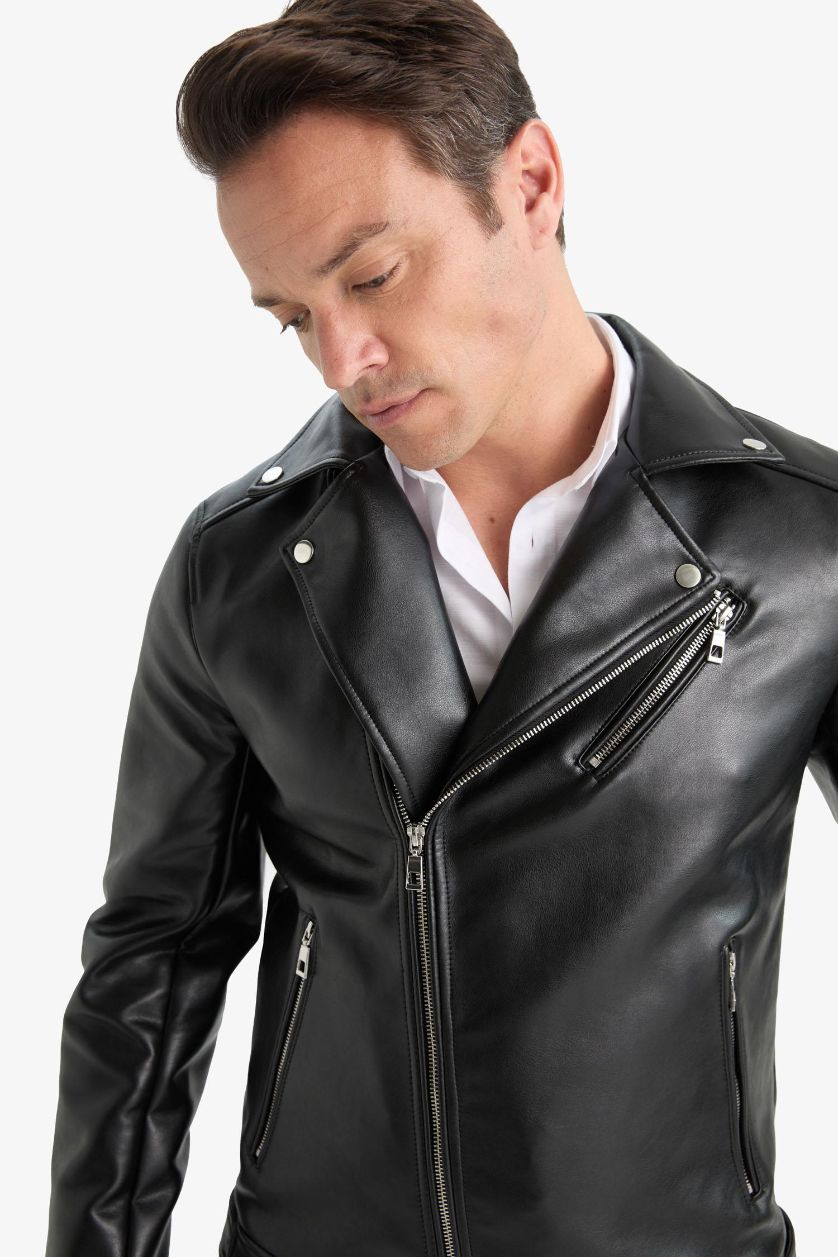 Erkek Siyah Su Ve Rüzgar İtici Slim Fit Dar Kesim Mevsimlik Astarlı Fermuarlı İç Cepli Suni Deri Biker Mont