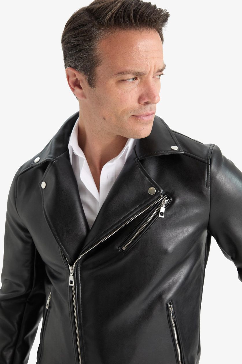 Erkek Siyah Su Ve Rüzgar İtici Slim Fit Dar Kesim Mevsimlik Astarlı Fermuarlı İç Cepli Suni Deri Biker Mont