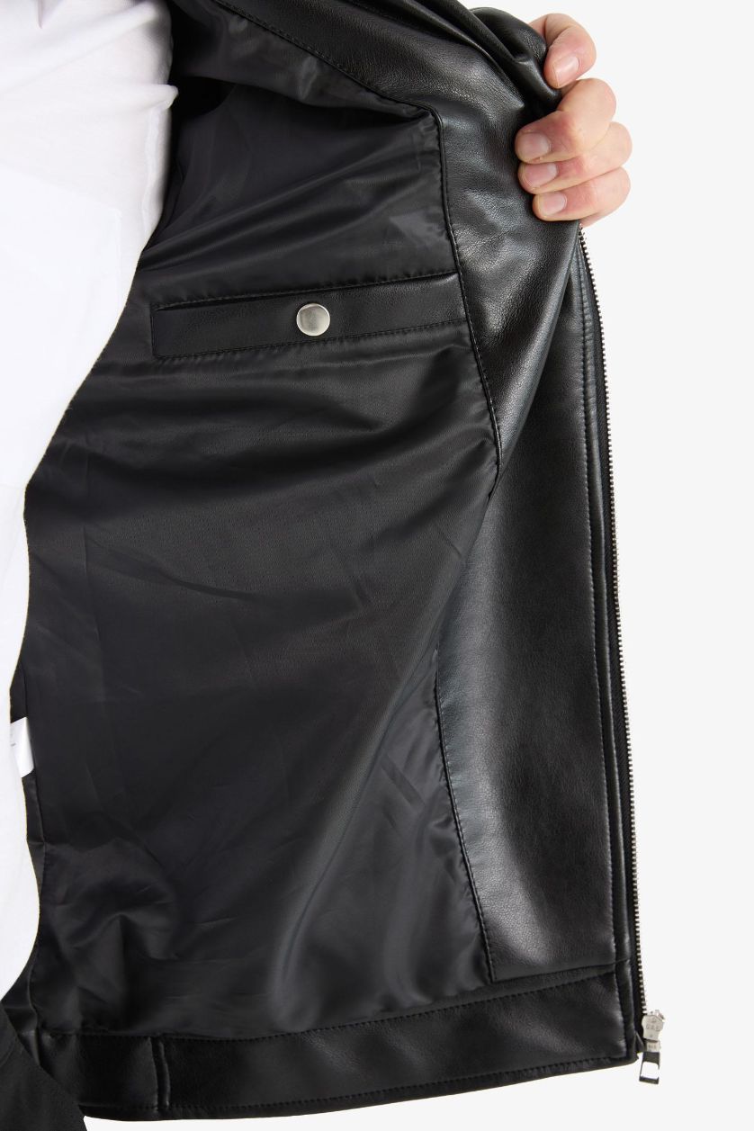 Erkek Siyah Su Ve Rüzgar İtici Slim Fit Dar Kesim Mevsimlik Astarlı Fermuarlı İç Cepli Suni Deri Biker Mont