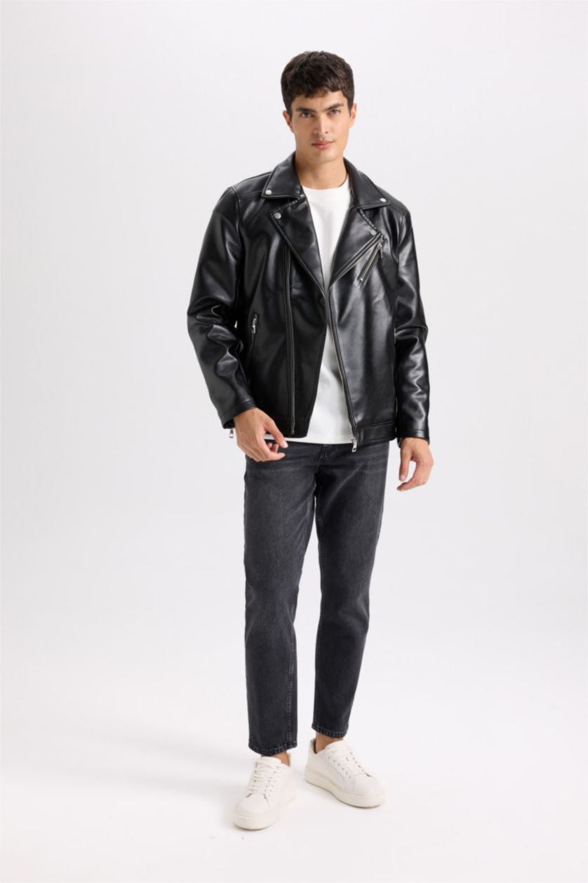 رجالي أسود جاكيت جلد صناعي سليم فيت بياقة بولو مبطن