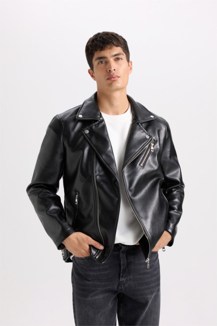 رجالي أسود جاكيت جلد صناعي سليم فيت بياقة بولو مبطن