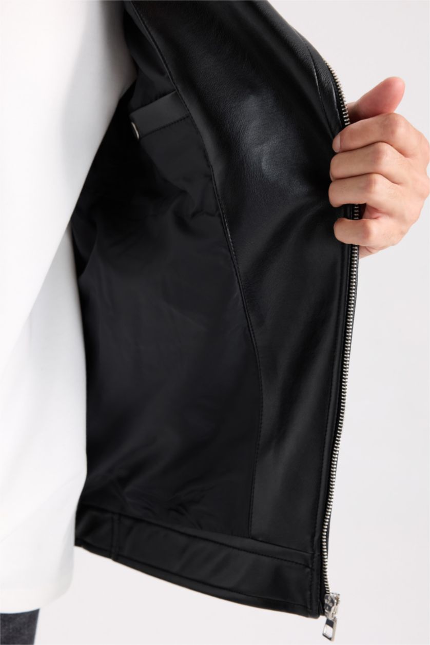 رجالي أسود جاكيت جلد صناعي سليم فيت بياقة بولو مبطن