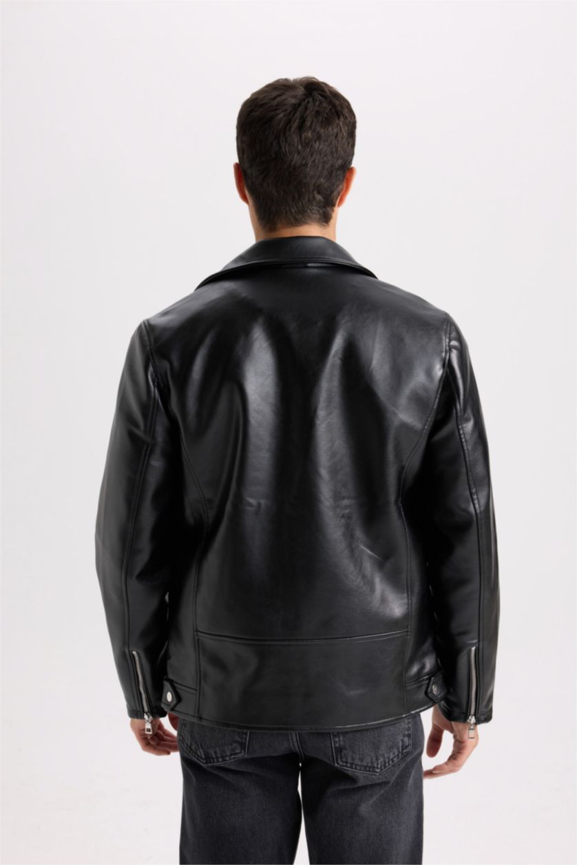 رجالي أسود جاكيت جلد صناعي سليم فيت بياقة بولو مبطن