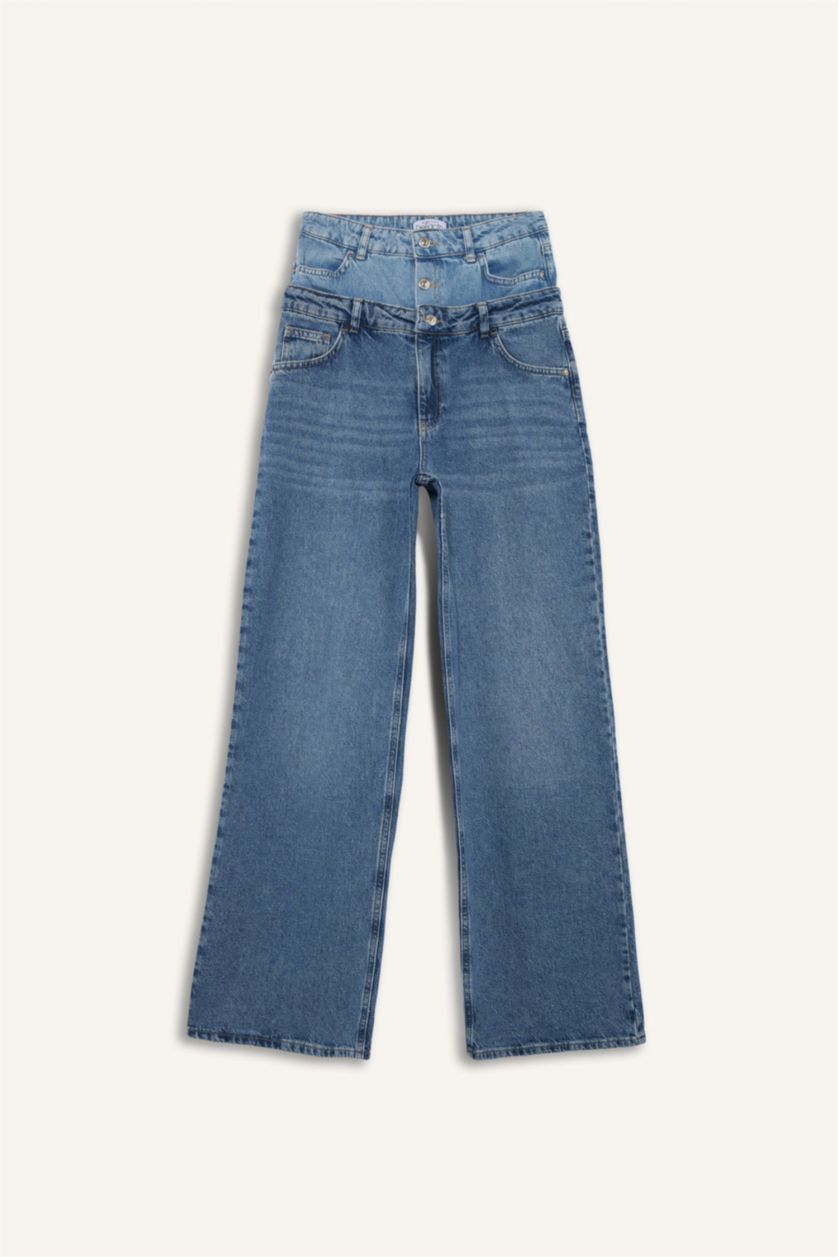 Kadın Mavi 90's Wide Leg Yüksek Bel Geniş Bol Paça Uzun Jean Pantolon