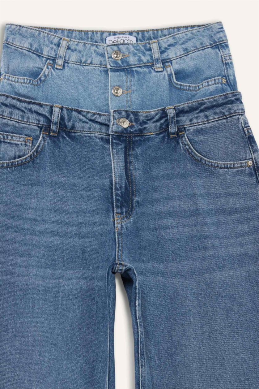 Kadın Mavi 90's Wide Leg Yüksek Bel Geniş Bol Paça Uzun Jean Pantolon