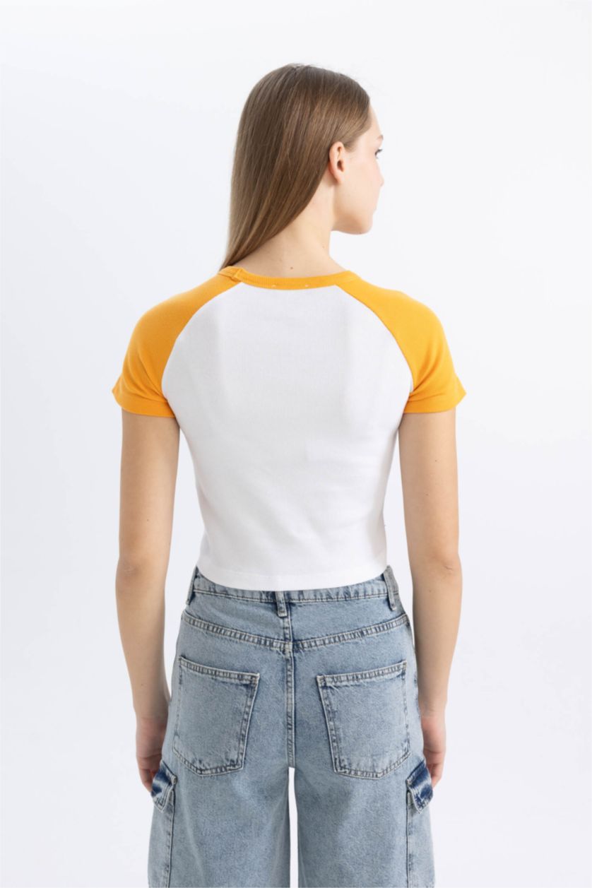 Kadın Açık Turuncu Fıtted Bisiklet Yaka Baskılı Fitilli Kaşkorse Kısa Kollu Tişört