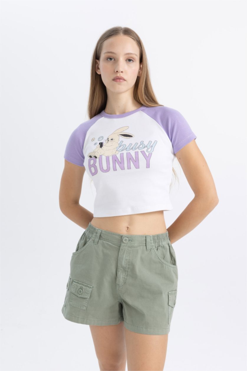 Kadın Açık Lila Fıtted Bisiklet Yaka Baskılı Fitilli Kaşkorse Kısa Kollu Tişört