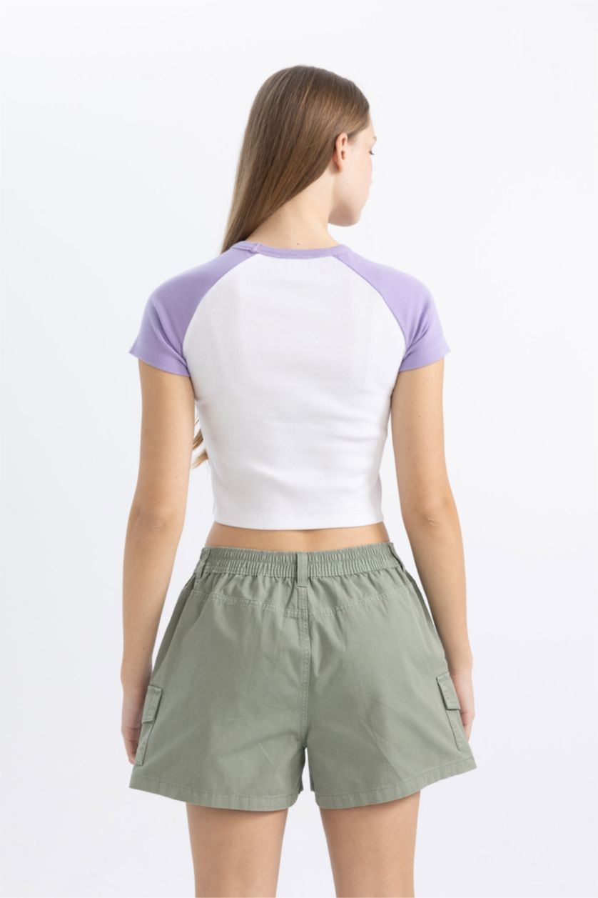 Kadın Açık Lila Fıtted Bisiklet Yaka Baskılı Fitilli Kaşkorse Kısa Kollu Tişört